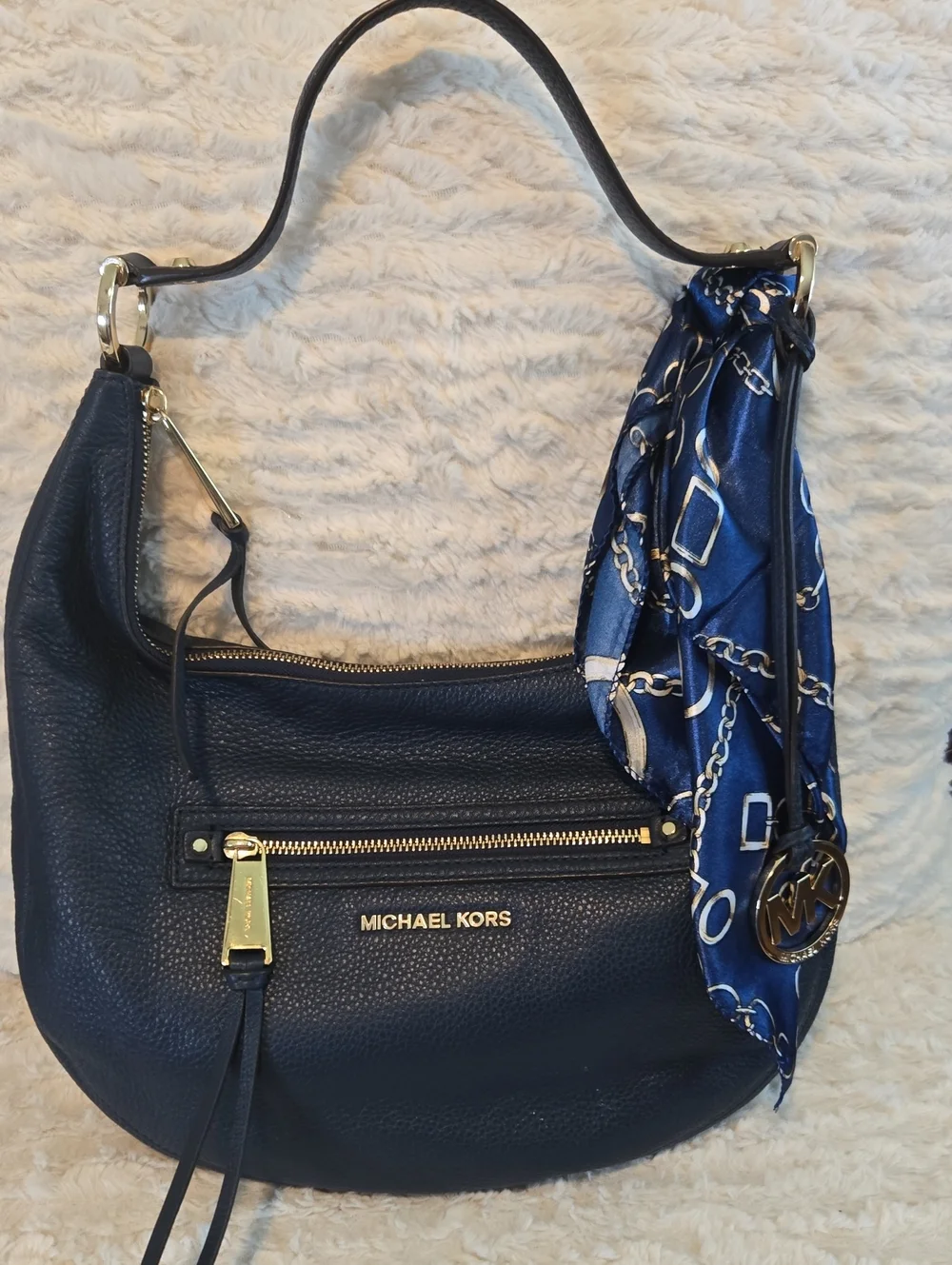 Michael Kors Navy Pebbled Leather Hobo with Blue Scarf and Gold Hardware